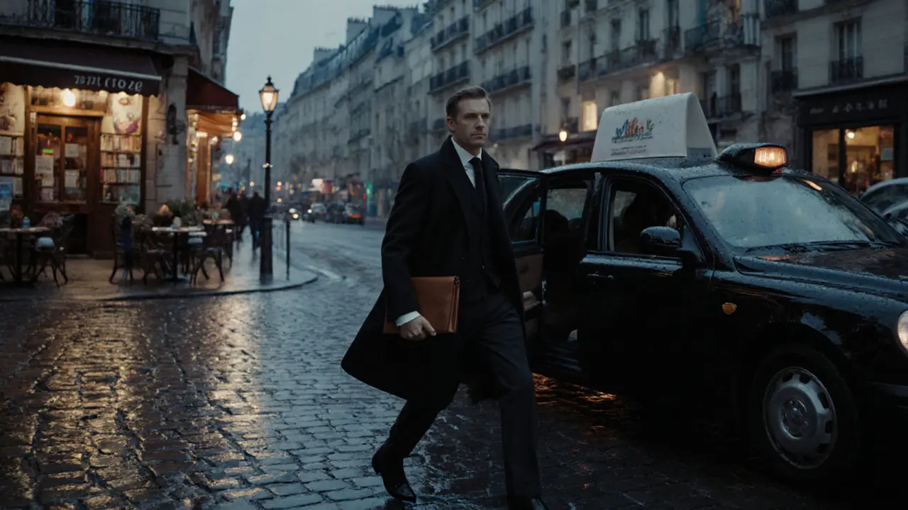 A modern escort in a black coat walking at dusk in Paris, carrying a portfolio.