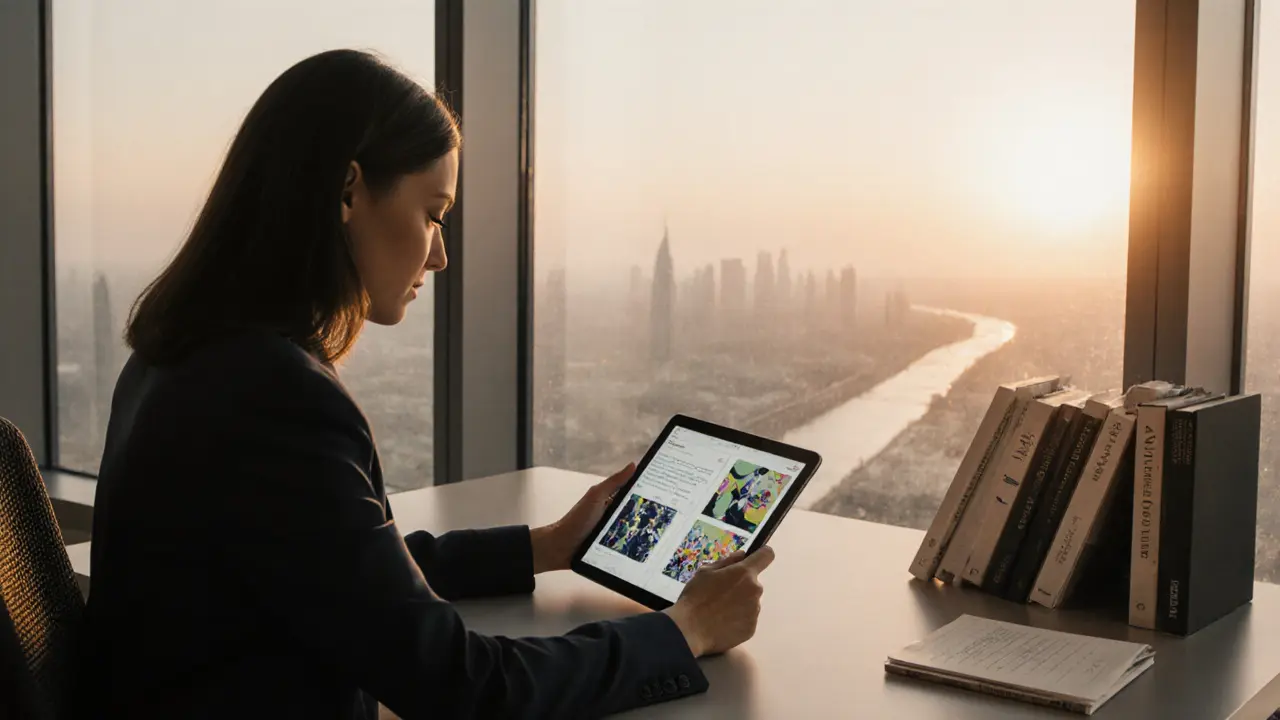 A professional woman in a suit reviewing cultural content in a modern office at dawn, city lights visible through the window.