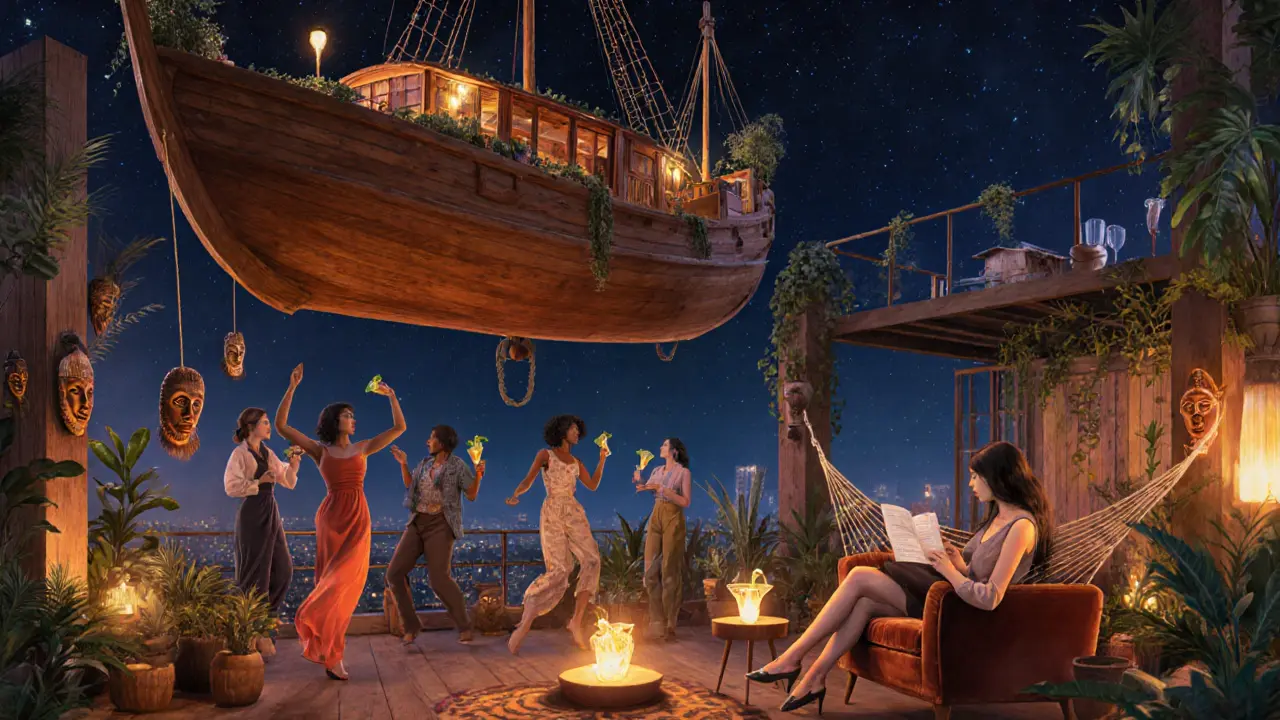 A vibrant warehouse bar with a wooden boat, plants, and people dancing under global music.