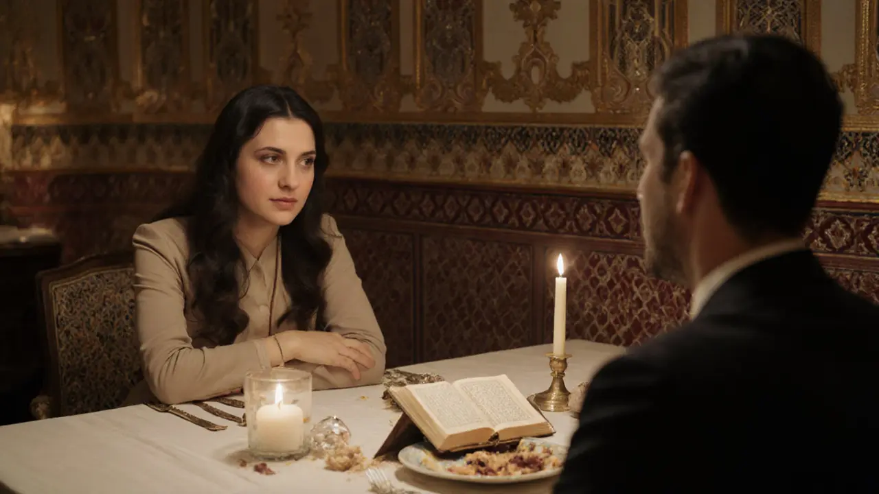 A woman and man sharing a quiet dinner at a palace, a book of Emirati folk tales open on the table.