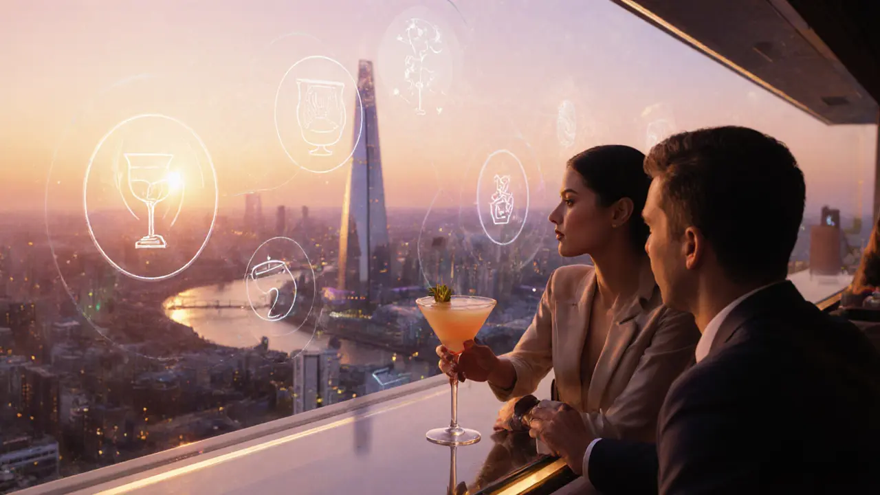 Aqua Shard rooftop bar at sunset with a couple holding a cocktail.