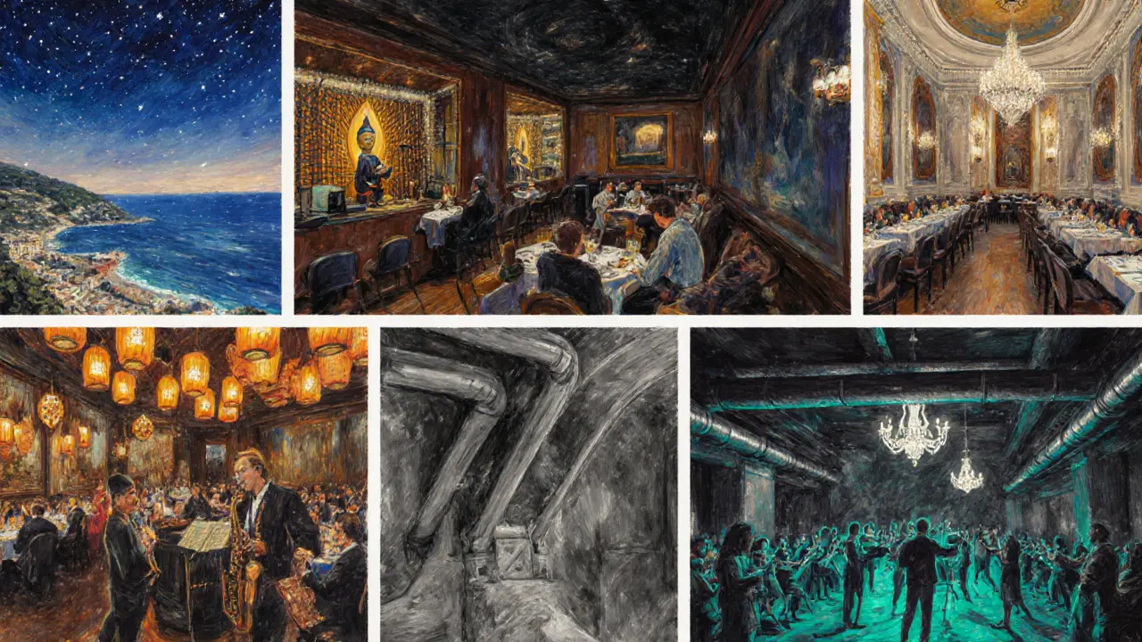 Artistic collage of Buddha‑Bar, Café de Paris, Black Legend, and Monte‑Carlo Opera at night.