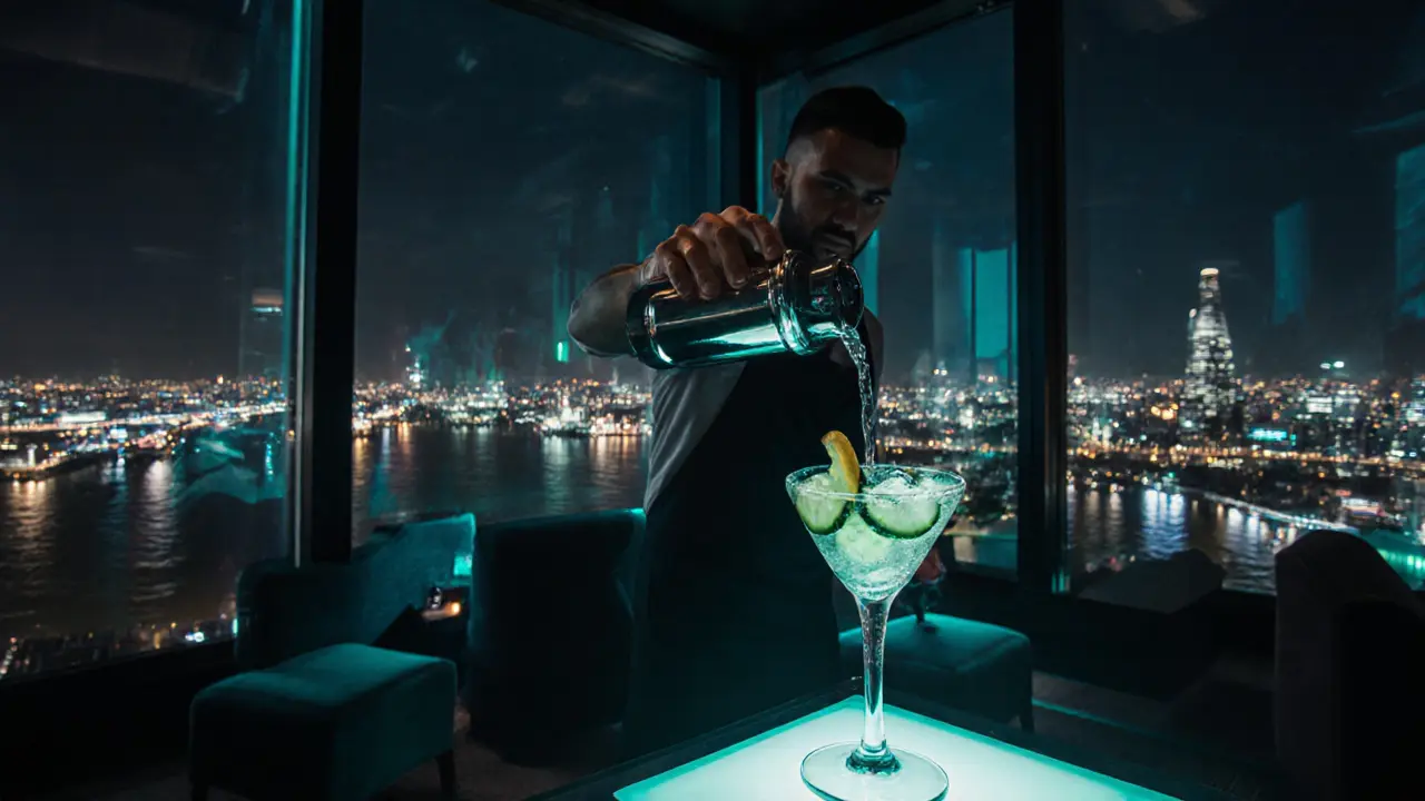 Bartender mixes a cocktail inside a glass‑walled bar with city lights behind.