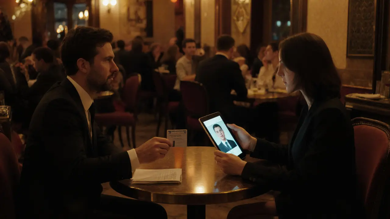 Client and escort verifying identity in a discreet café with soft ambient lighting.