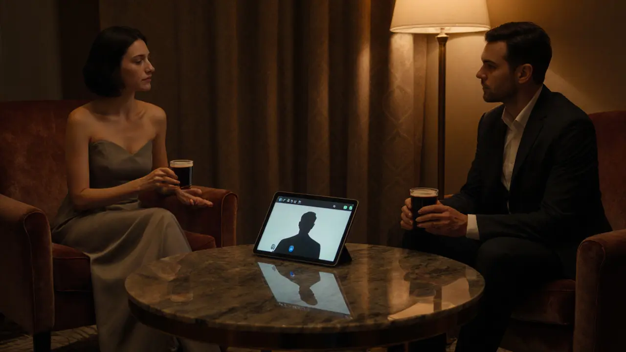 Couple in a hotel lounge confirming identity via video call on a tablet.