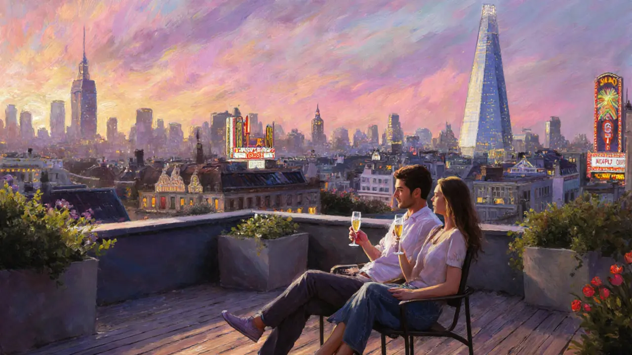 Couple relaxing on a rooftop garden with a sunset London skyline.