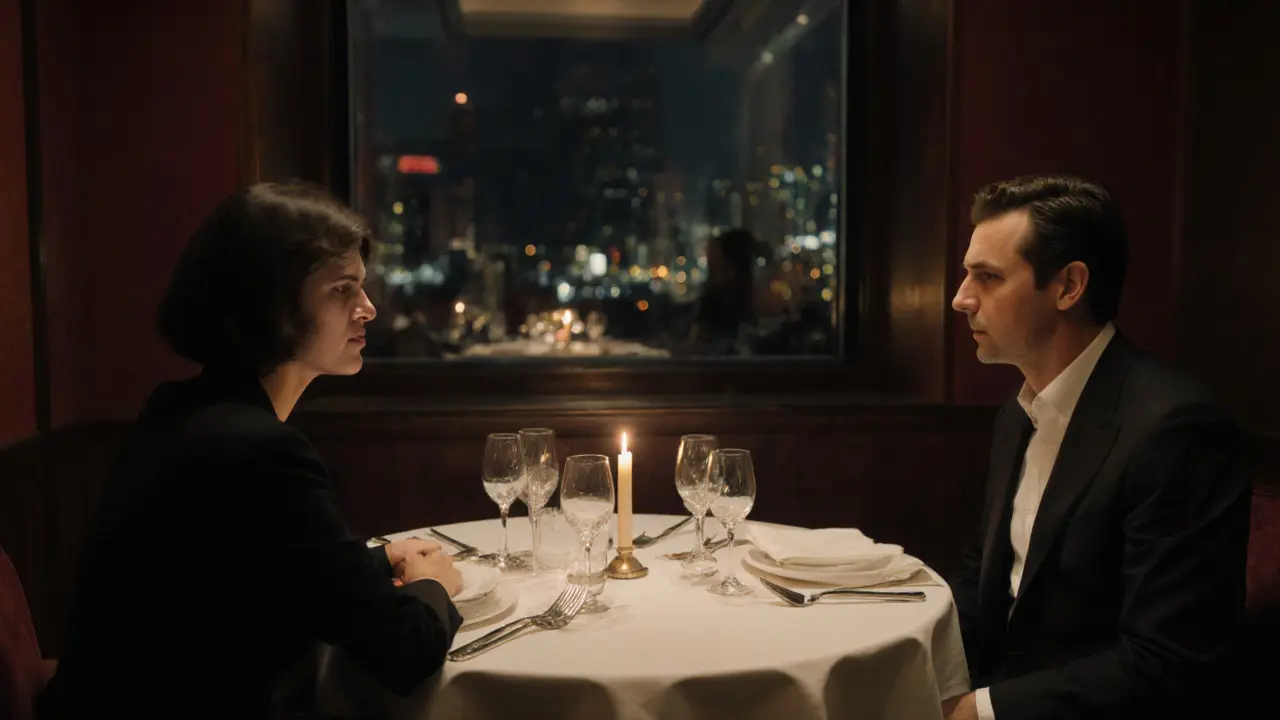 Couple sharing a quiet dinner in a candlelit upscale restaurant.