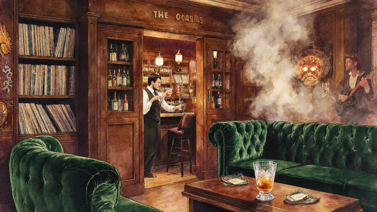Dimly lit speakeasy interior with velvet booths, a hidden bookshelf entrance, and a bartender serving a cocktail.