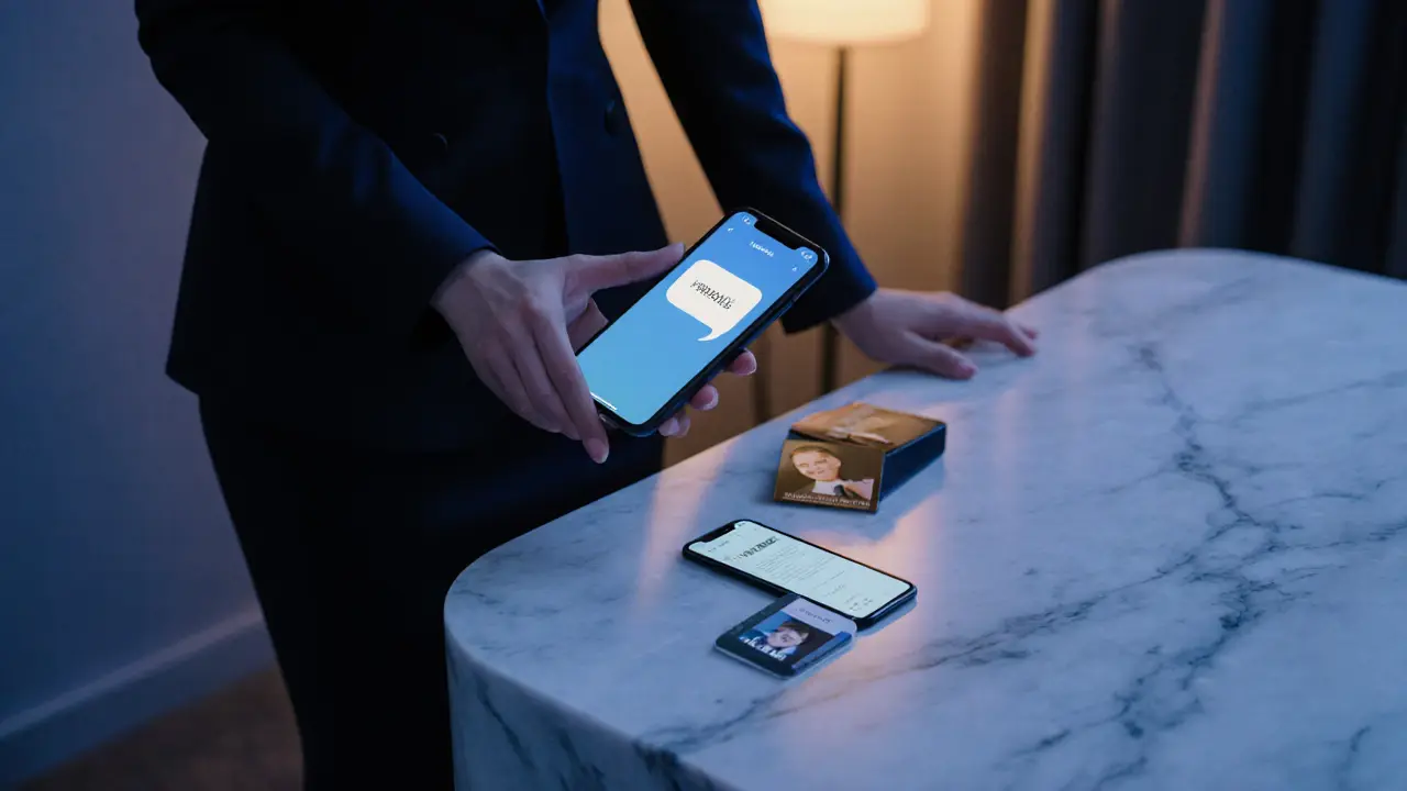 Discreet meeting with an escort, showcasing secure digital verification and a private hotel lounge.