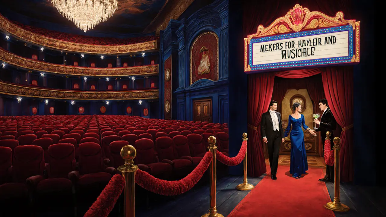 Elegant couple entering a backstage lounge after a West End show.