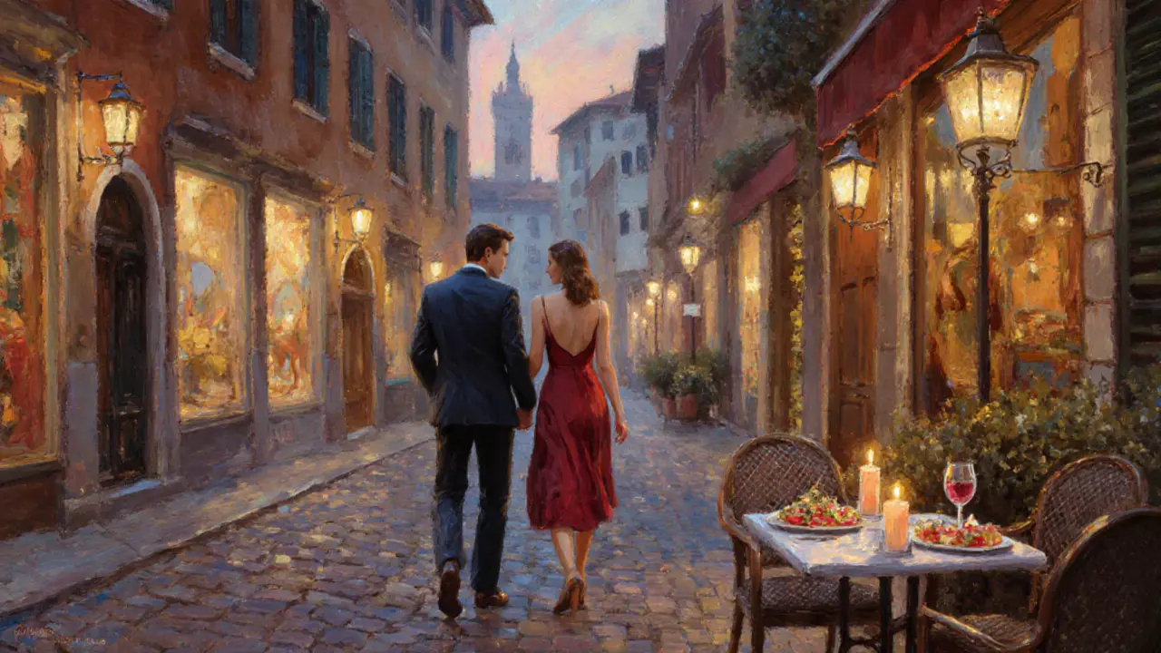 Elegant couple strolling through Brera’s lantern‑lit cobblestone streets at night.