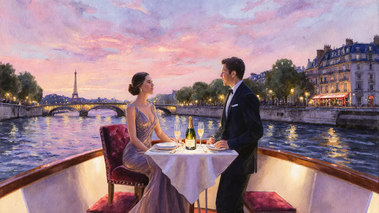 Elegant private Seine cruise at sunset with candlelit table and jazz club lights nearby.
