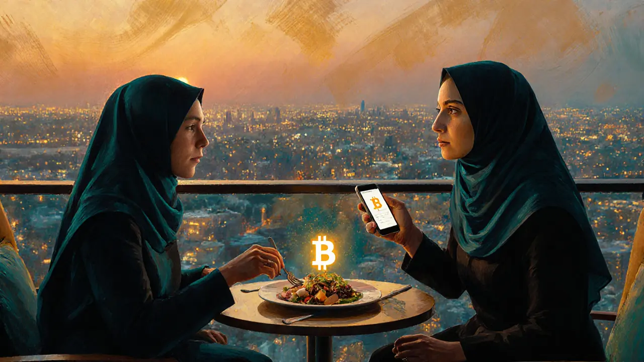 Elegant rooftop dinner with digital payment icon and Abu Dhabi city lights.