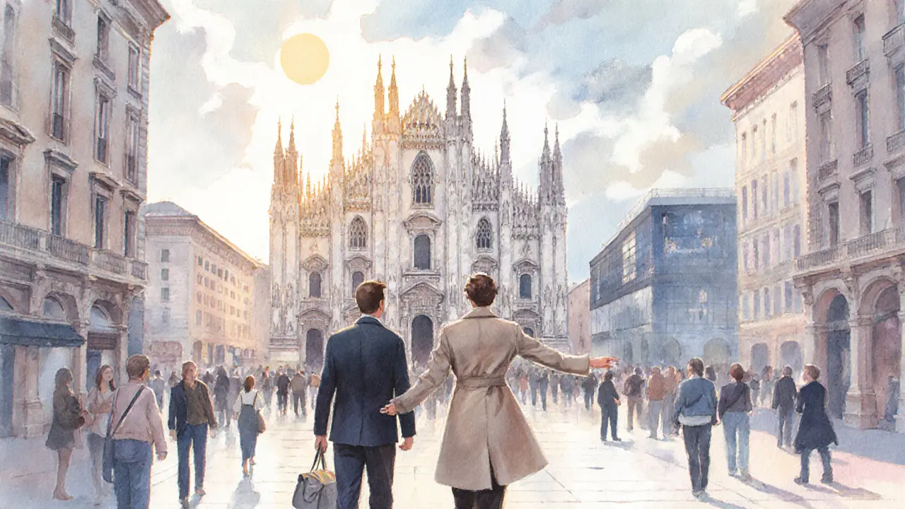 Escort and tourist admire the Duomo in a pastel watercolor scene.