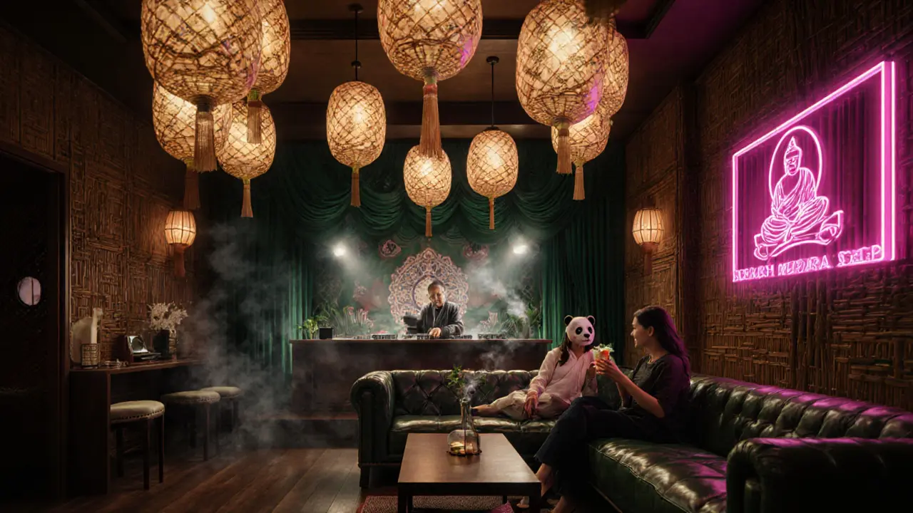 Exotic lounge with lanterns, DJ, and couple sharing a cocktail.