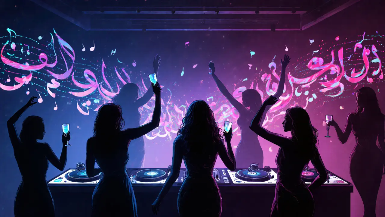 Female DJs performing for a crowd of women under colorful lights in a hidden Dubai venue.