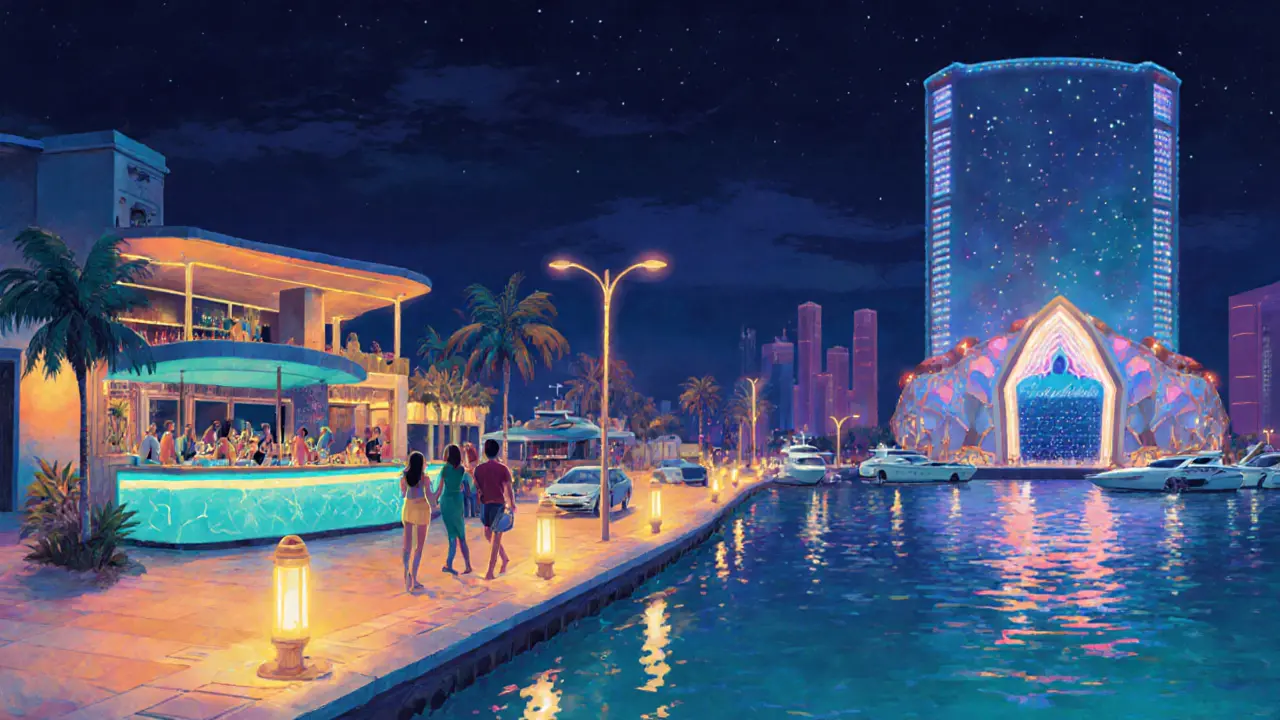 Friends bar‑hopping along Dubai Marina waterfront toward a super‑club.