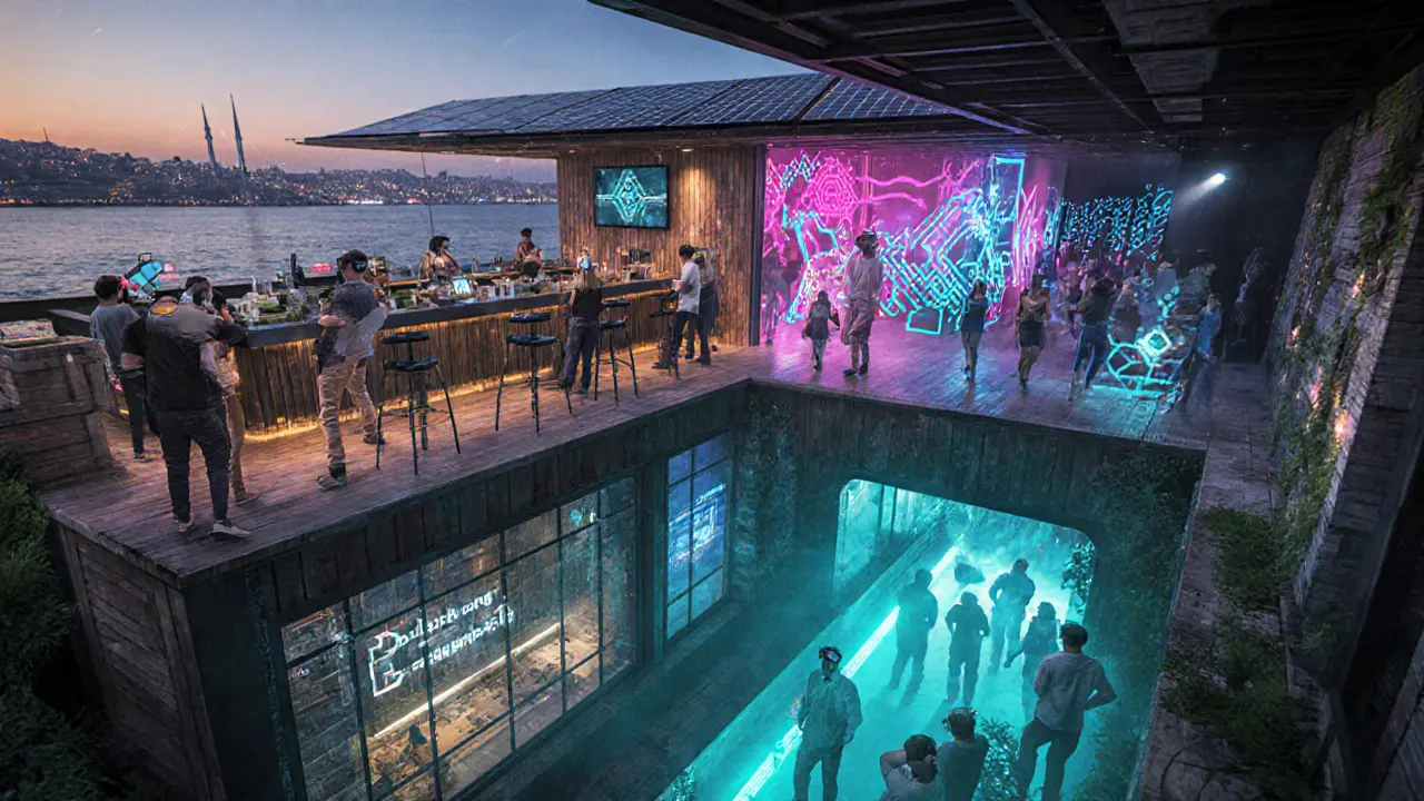 Futuristic eco‑rooftop bar and VR techno club in Karaköy with neon lighting and AR patrons.