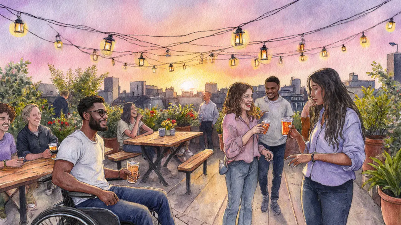 Group enjoys a sunset garden rooftop with string lights and accessible ramps.