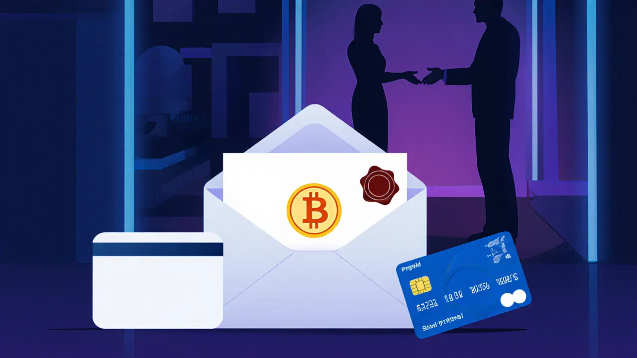 Illustration of crypto wallet, prepaid card, and sealed envelope exchanged discreetly.