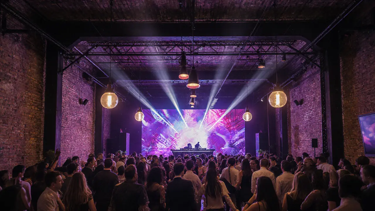 Industrial club interior with dancing crowd and vibrant LED lighting.