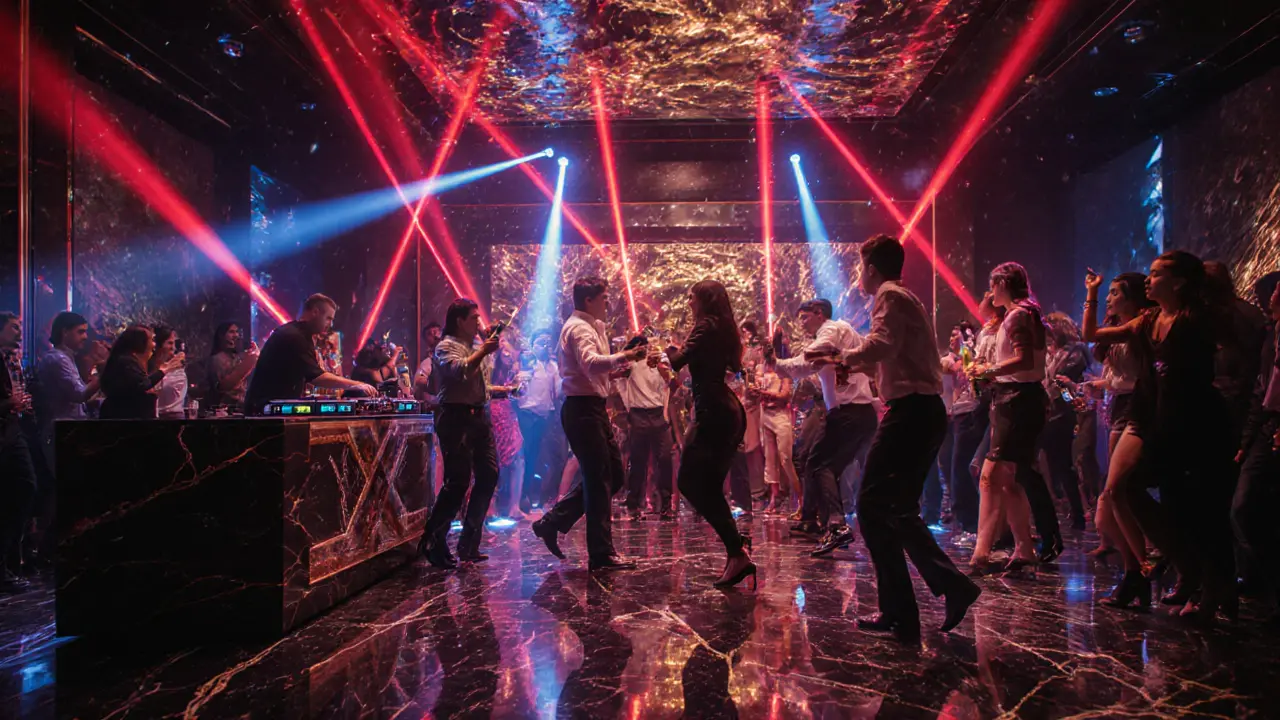 Inside Cavalli Club with laser lights, dancing crowd, and a DJ on a futuristic console.