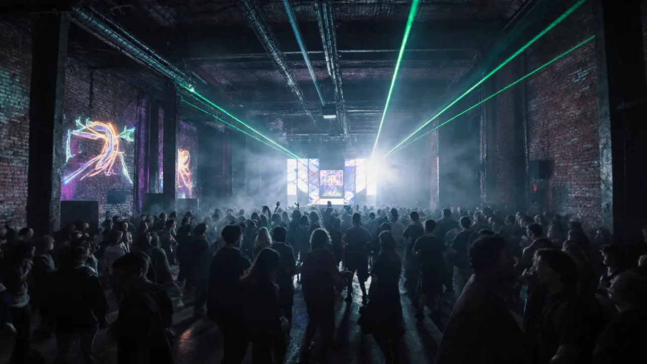 Inside Magazzini Generali warehouse club, crowd in streetwear dancing under laser lights.
