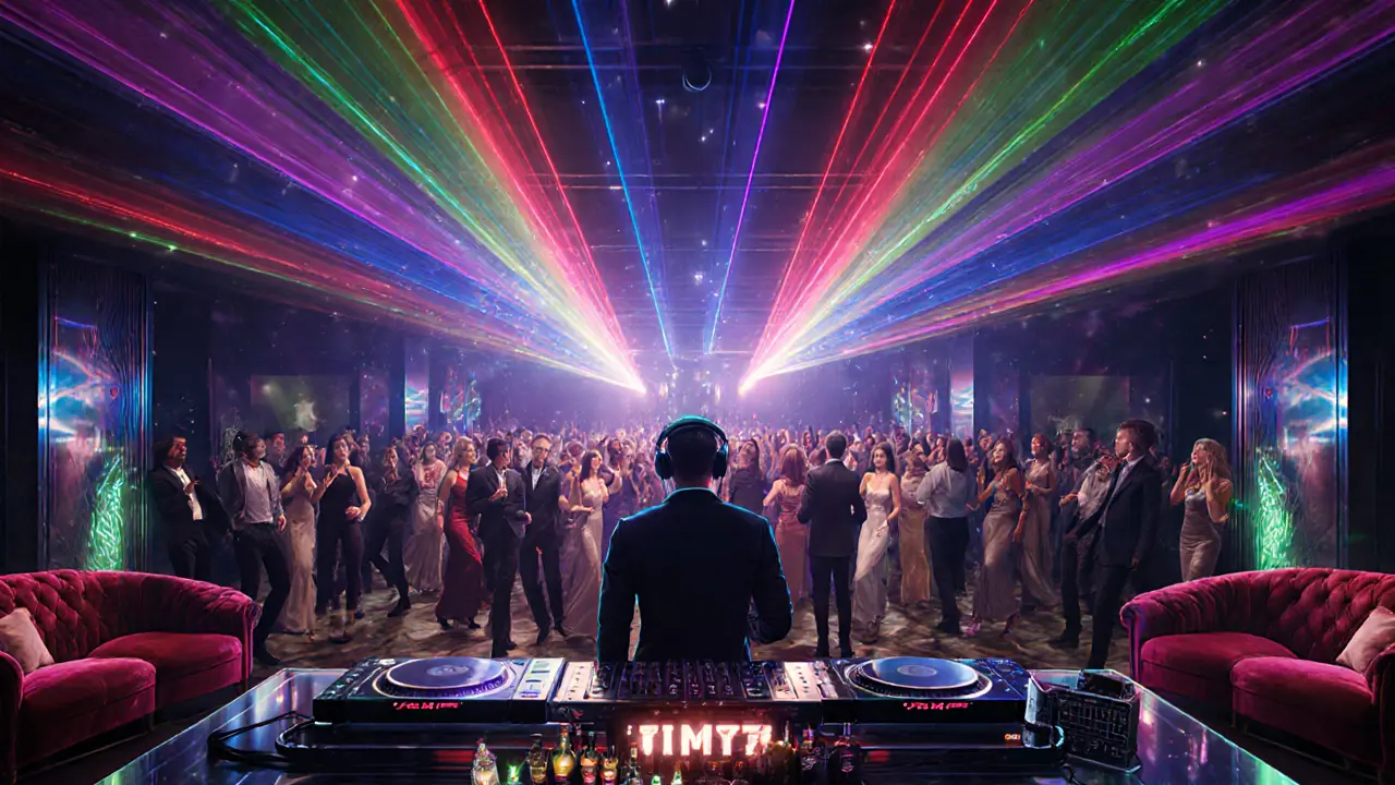 Jimmy'z Club interior with laser lights, DJ, and stylish crowd dancing.