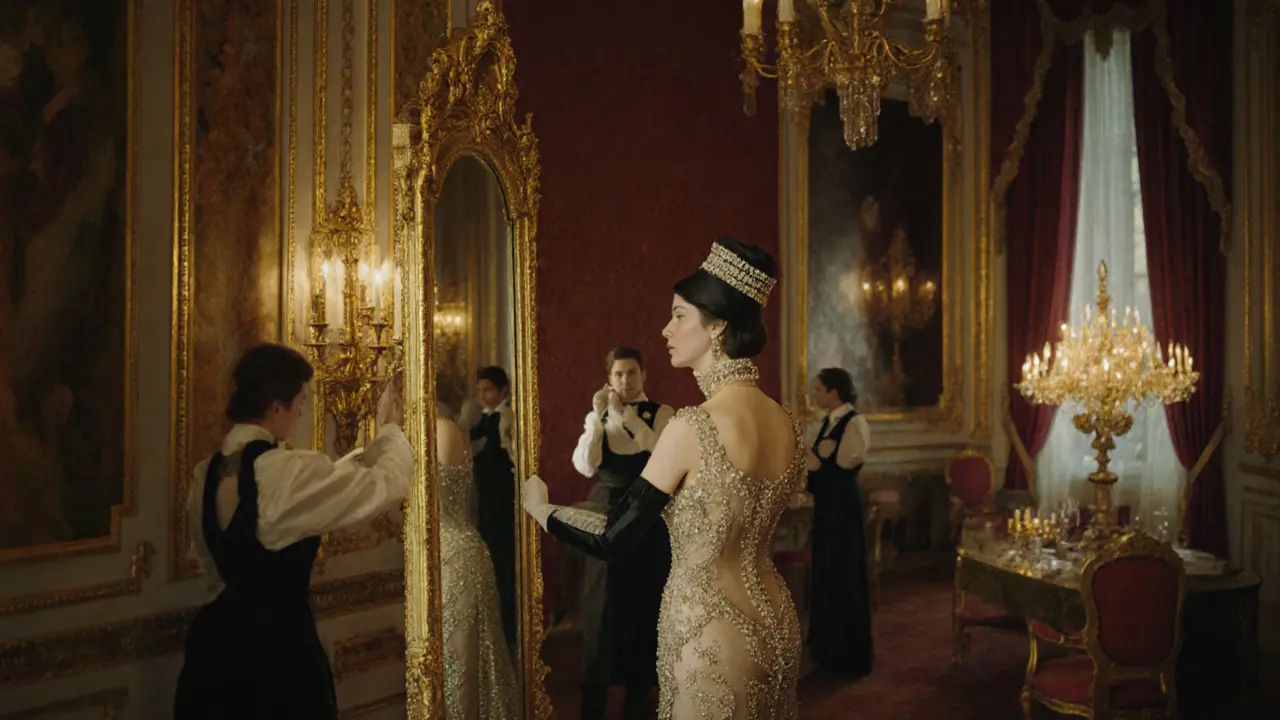La Païva in her gilded mansion, dressed in diamonds, gazing at her reflection.