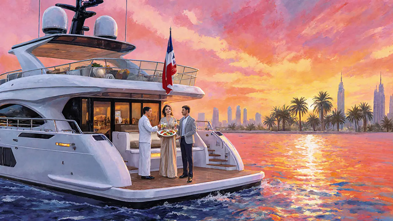 Luxury yacht cruising past Palm Jumeirah at sunset with elegant companion.