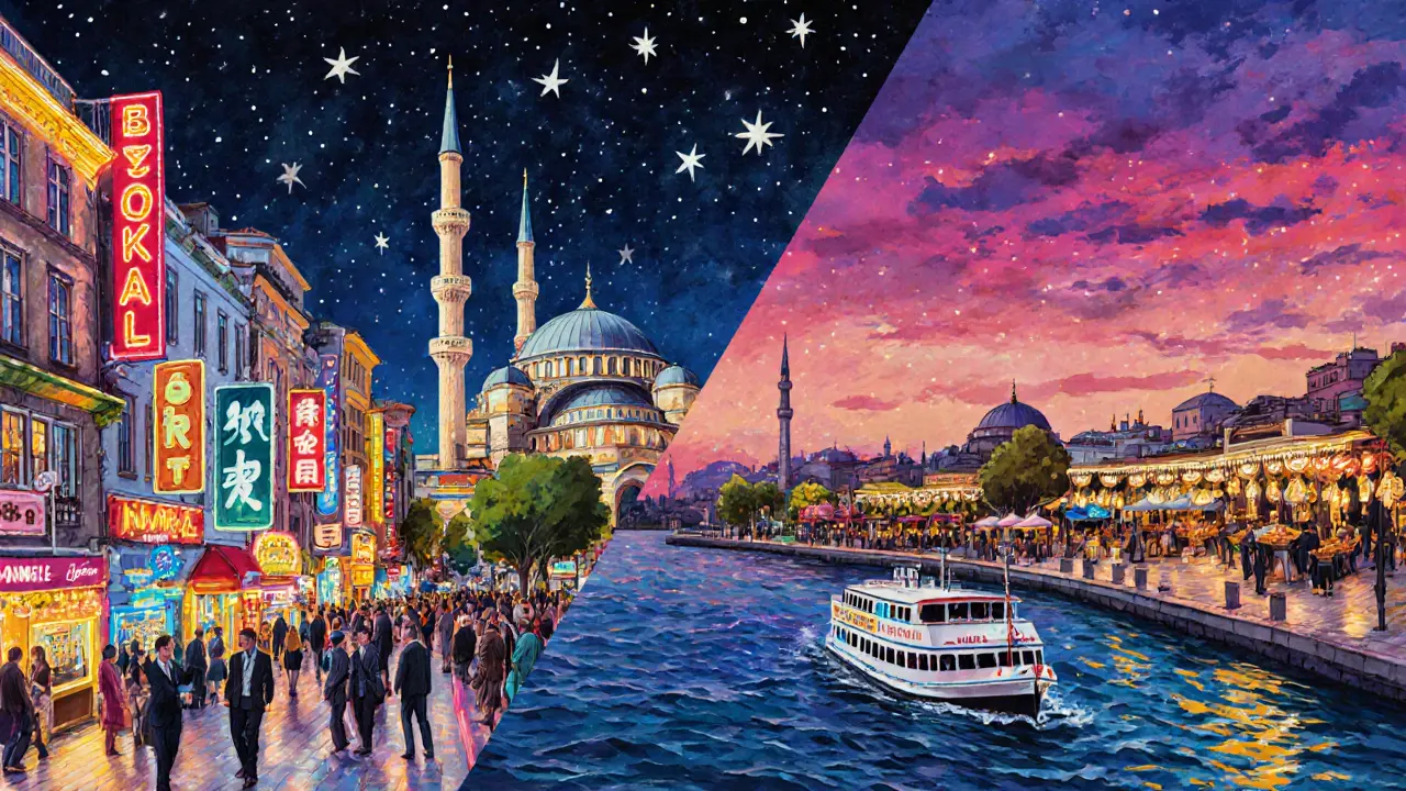 Nighttime split view of Beyoğlu's bustling Istiklal Avenue and Kadıköy waterfront bars with street food.