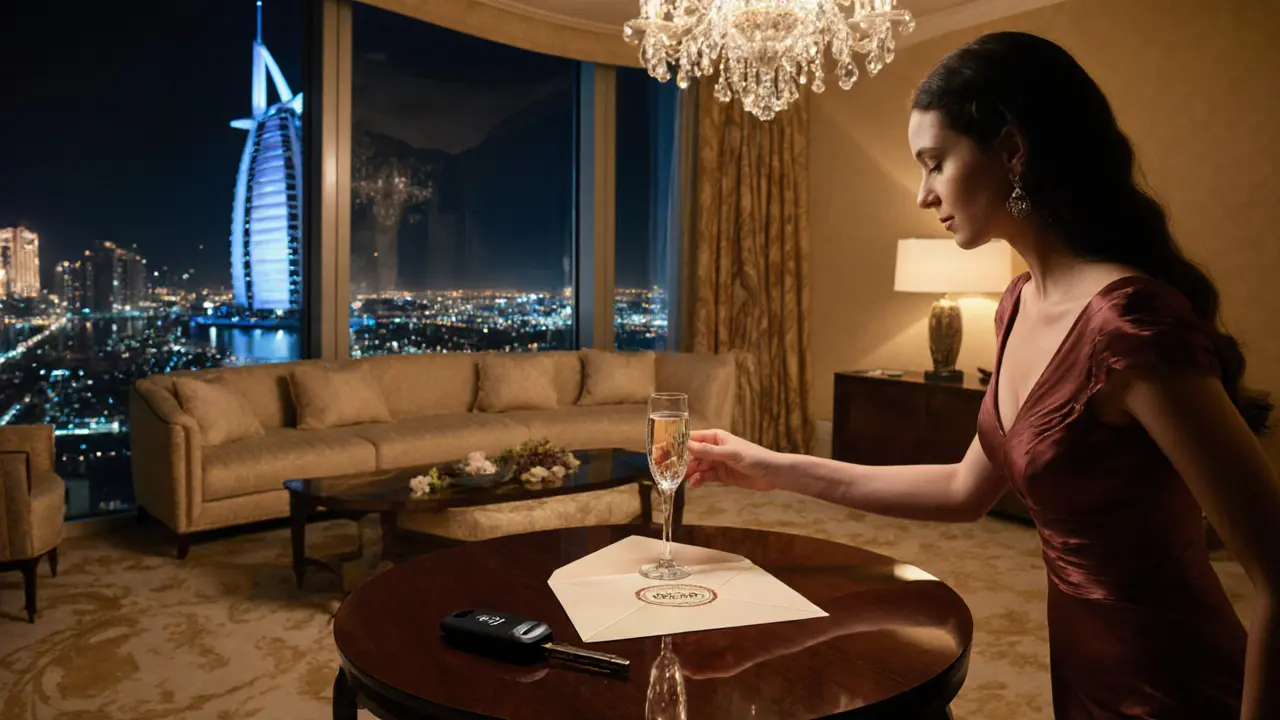 Opulent Burj Al Arab suite with companion serving champagne beside sealed envelope.