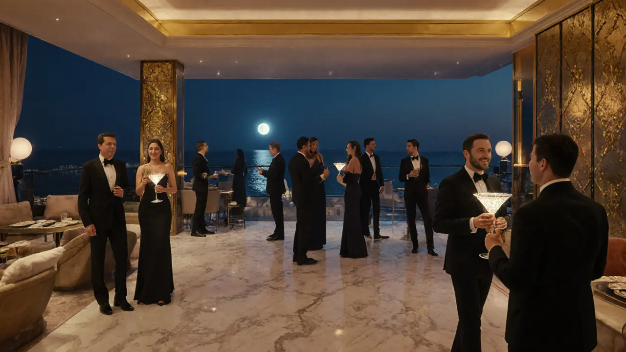 Opulent lounge terrace with marble floors, gold accents, formal guests and a glowing martini overlooking the Gulf.