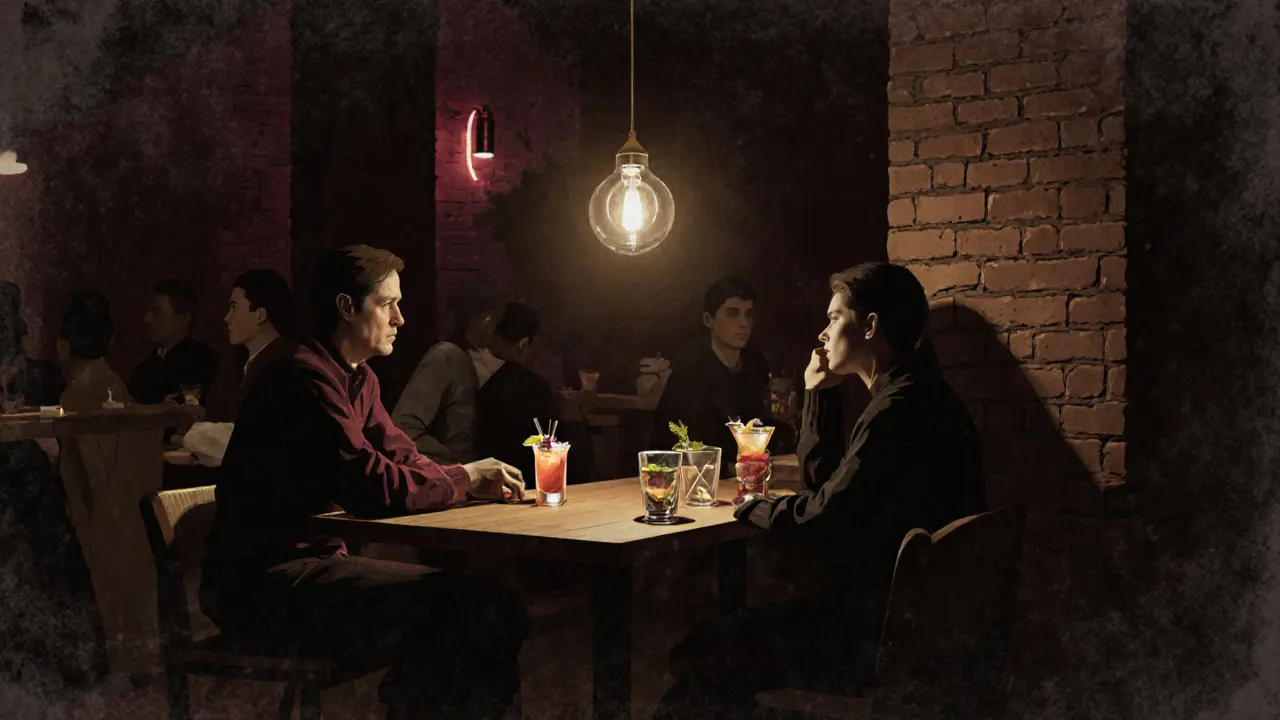 Patrons in a dim, industrial bar in Alserkal Avenue sipping craft cocktails in a quiet, intimate setting.