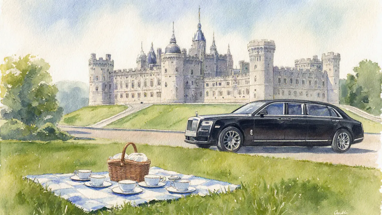 Picnic in Windsor Castle gardens beside a limousine, painted in watercolor.