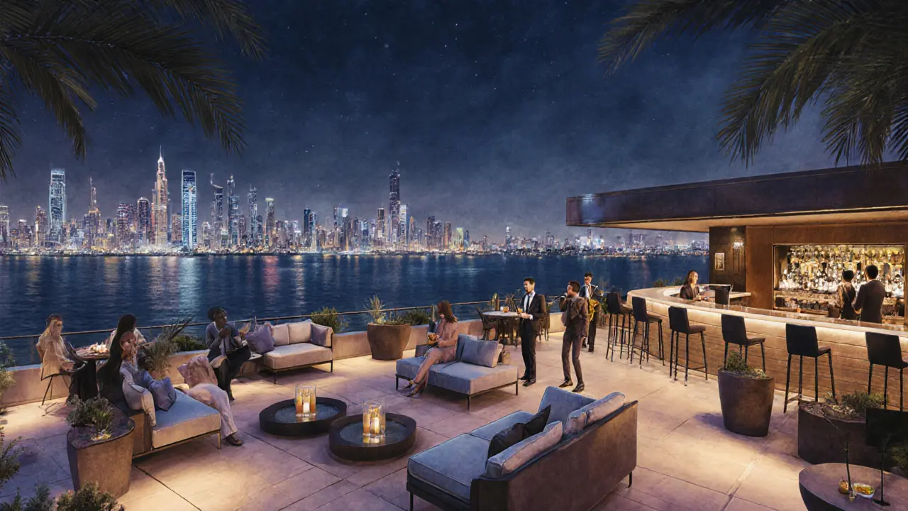Rooftop lounge at The Ritz‑Carlton showing guests enjoying drinks with city skyline at night.