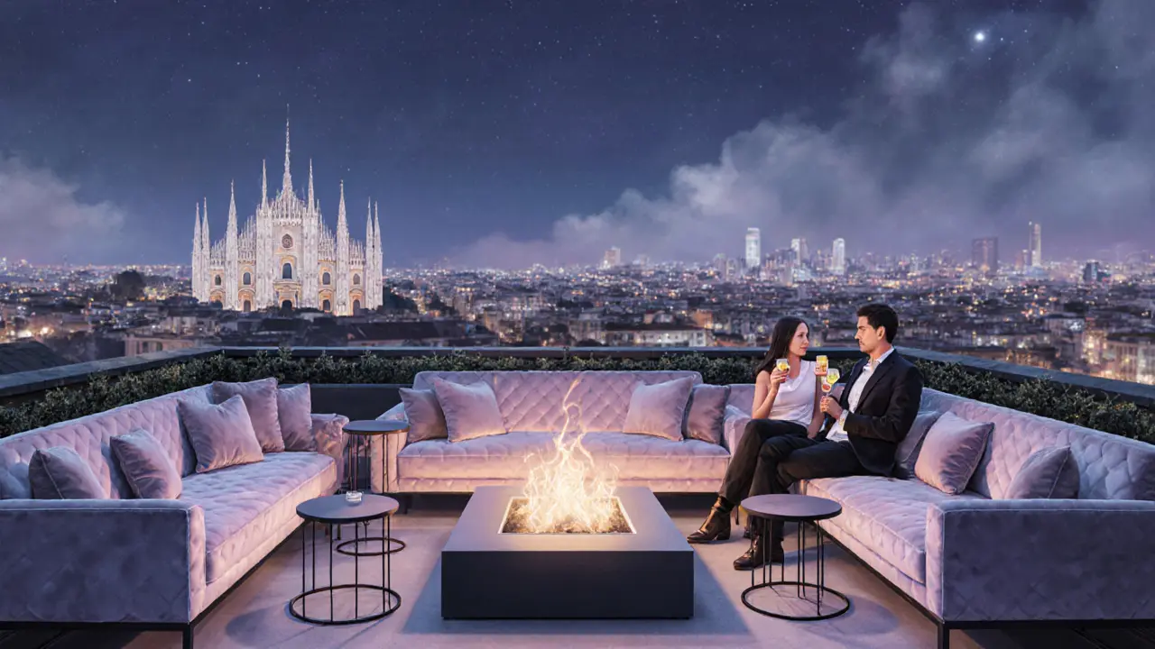Rooftop lounge with plush seating and city skyline view at night.