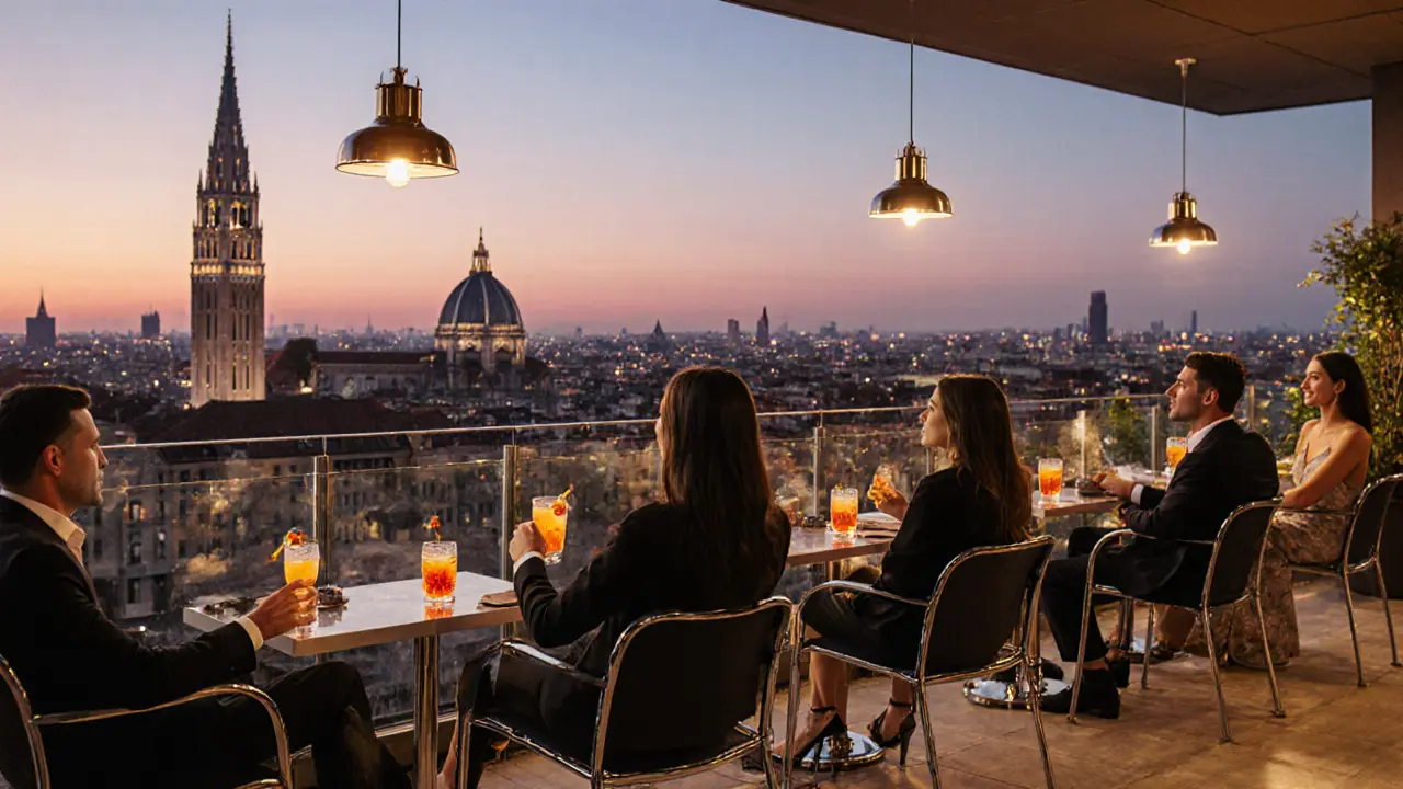 Rooftop Terrazza Aperol at sunset, friends in smart‑casual attire enjoying Aperol Spritzes with Duomo view.