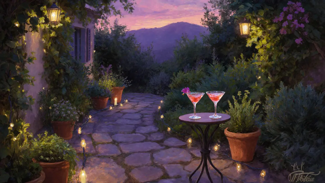Secret garden patio with fairy lights, table for two, twilight ambience.