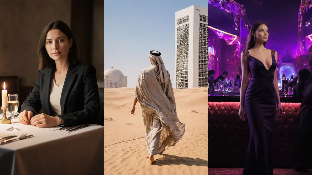 Three scenes showing an escort at a business dinner, a cultural sightseeing tour, and a nightlife venue.