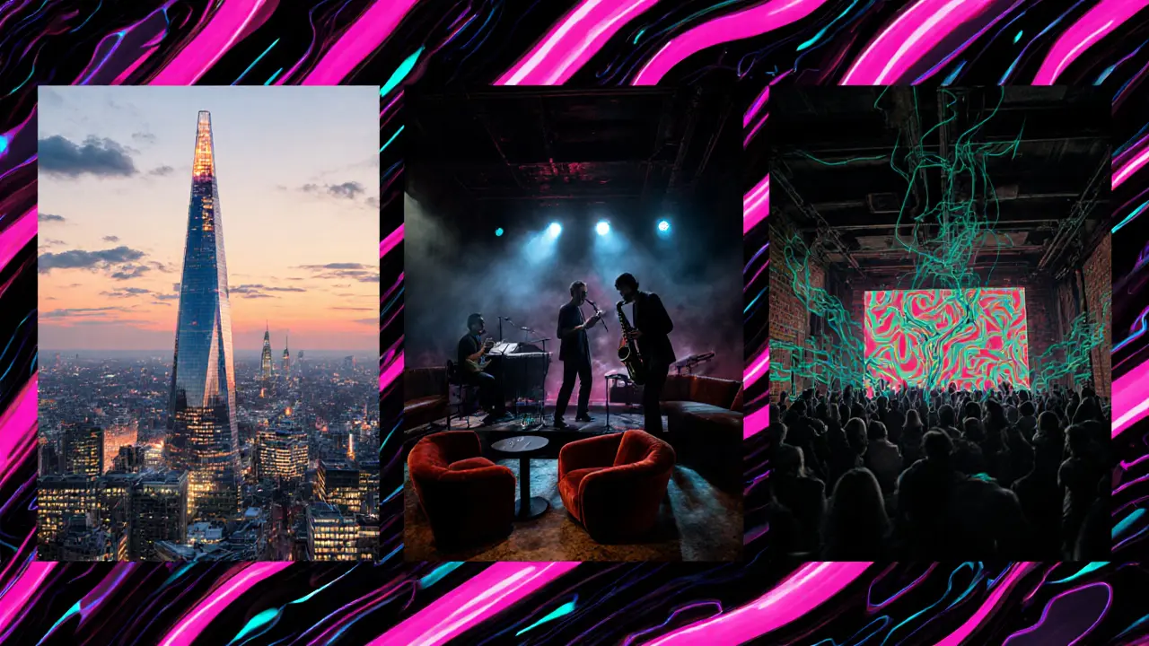 Three scenes showing rooftop, speakeasy, and underground club in one flow.