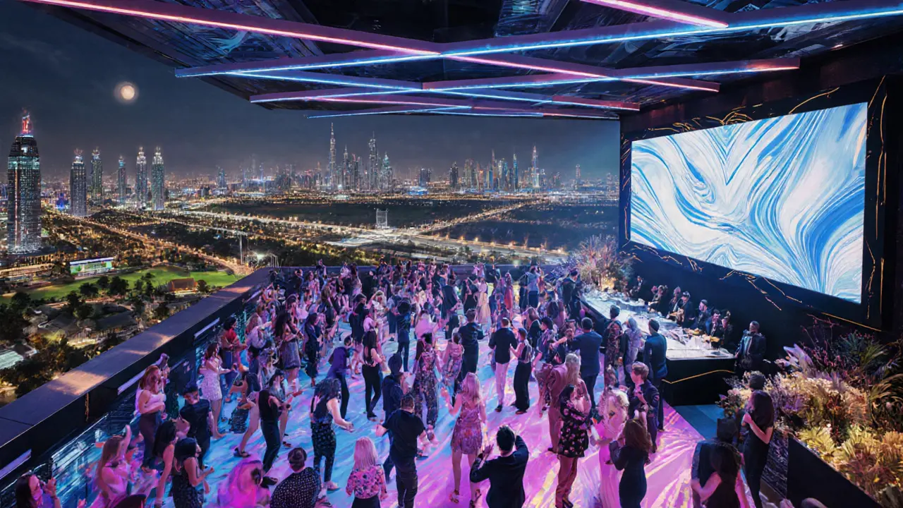 White Dubai rooftop club with a crowd dancing under LED lights and city views.