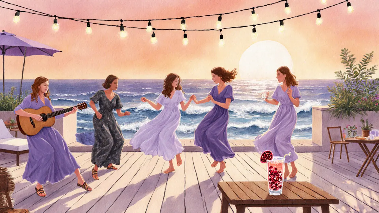 Women dancing barefoot on a beach terrace at sunset during a women-only night out.