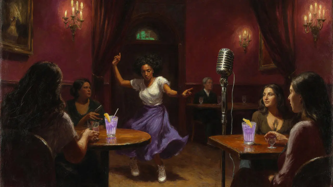 Women enjoying drinks and dancing in a cozy, burgundy-walled bar with no men present.