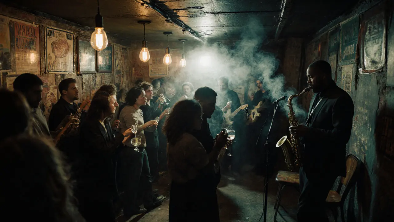 A basement jazz club in Belleville with smoke, music, and a diverse crowd under warm bulbs.