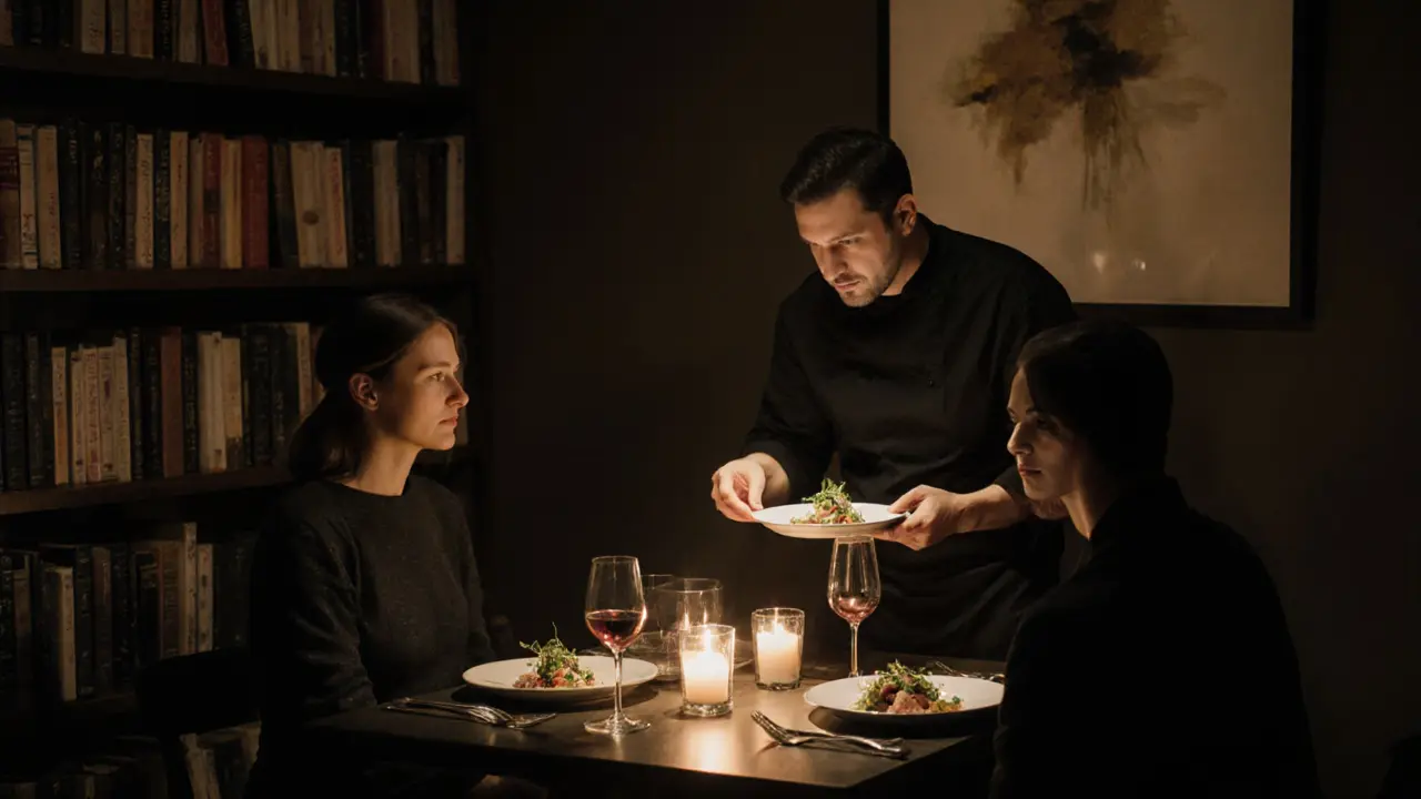 A couple enjoying a quiet dinner in a dimly lit, intimate Berlin restaurant.