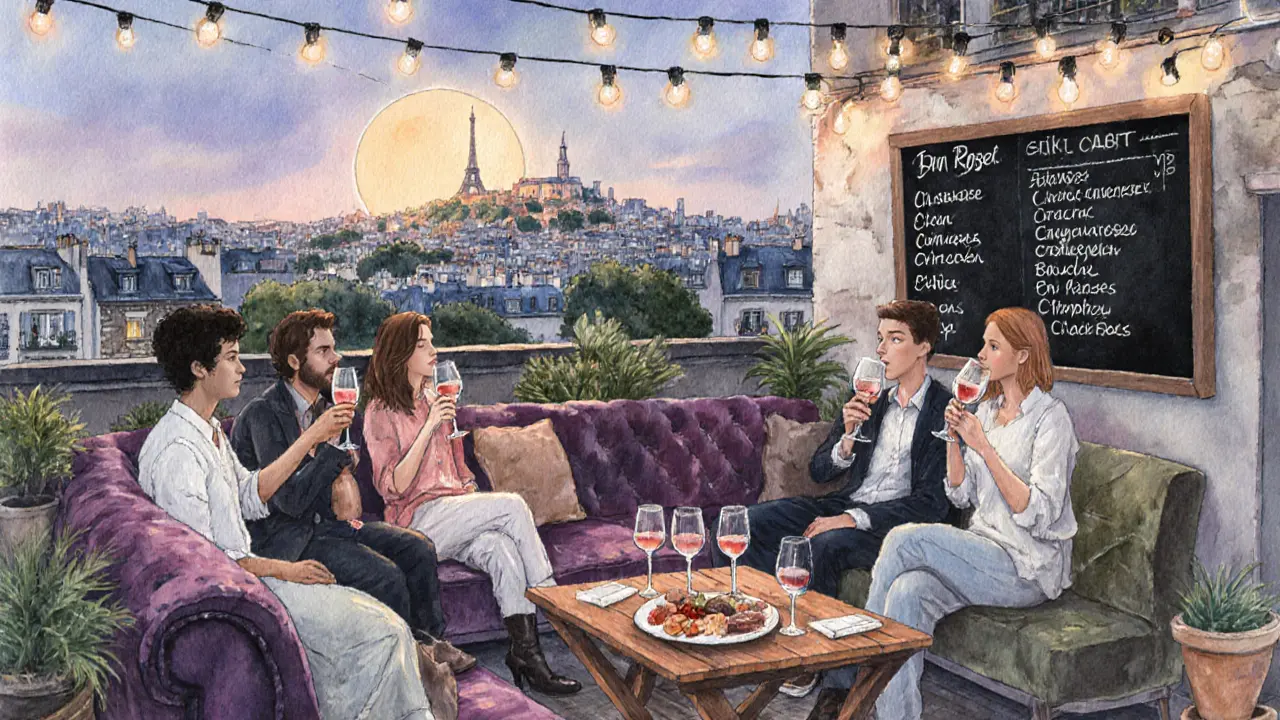A cozy rooftop bar in Paris at twilight, with fairy lights, velvet couches, and a view of Montmartre in the distance.