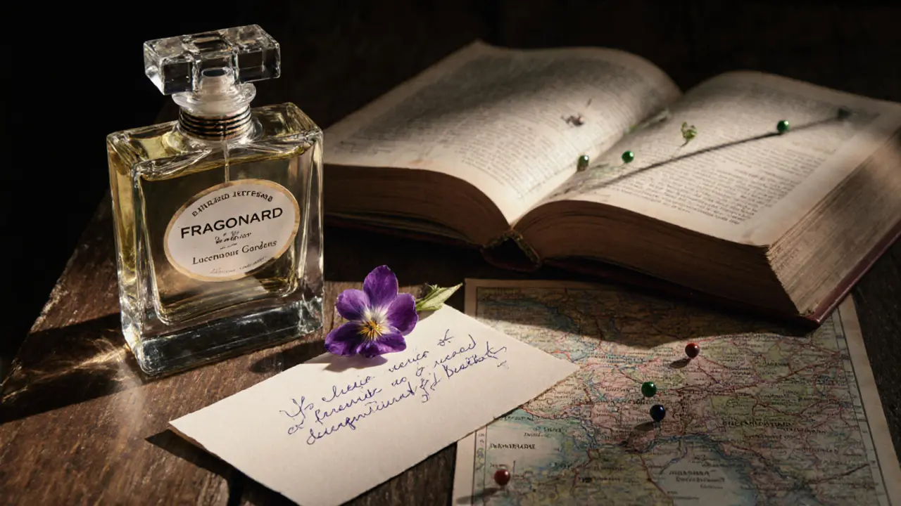 A custom perfume bottle beside a handwritten note and pressed flower on an old wooden table.