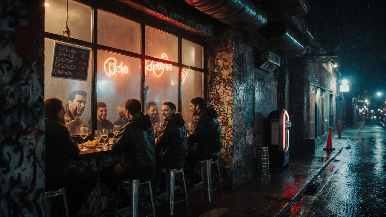 A gritty basement bar in Belleville at night, locals laughing over wine and fries, graffiti walls, and neon signs glowing through fogged windows.