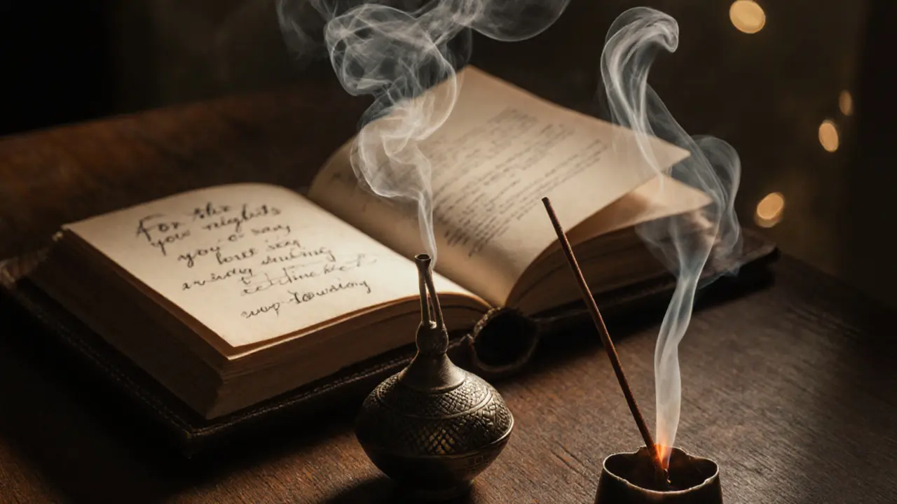 A handmade oud incense holder with rising smoke beside a leather journal featuring a handwritten note in warm ambient light.